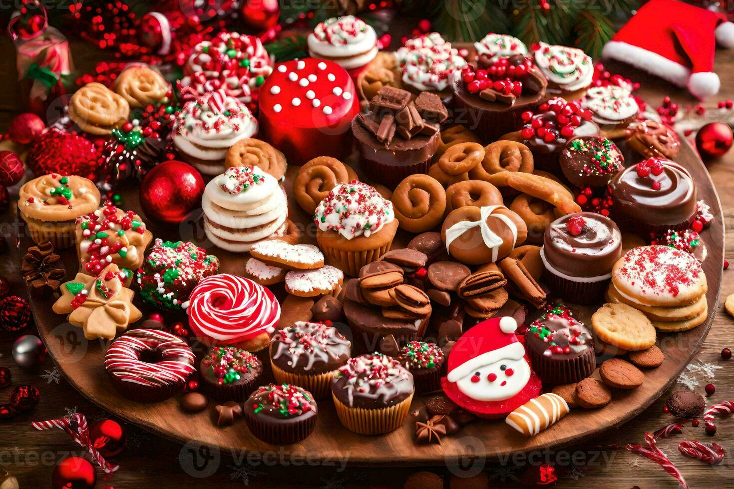 christmas cookies and cakes on a wooden table. AI-Generated photo