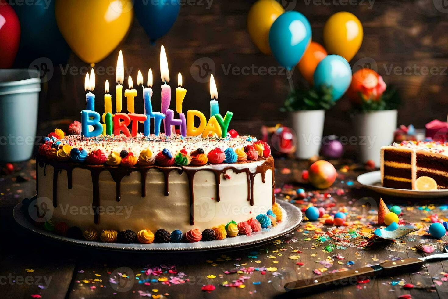 a birthday cake with candles and balloons. AI-Generated photo