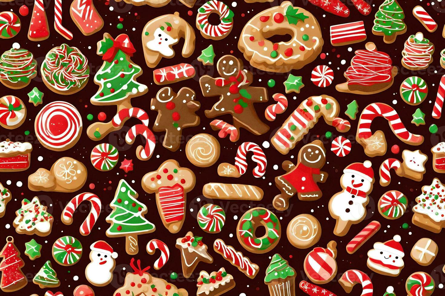 christmas seamless pattern with cookies, candies and other treats. AI-Generated photo