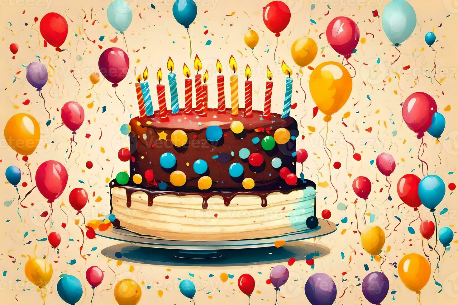 contento cumpleaños pastel con velas y globos en un beige antecedentes. generado por ai foto