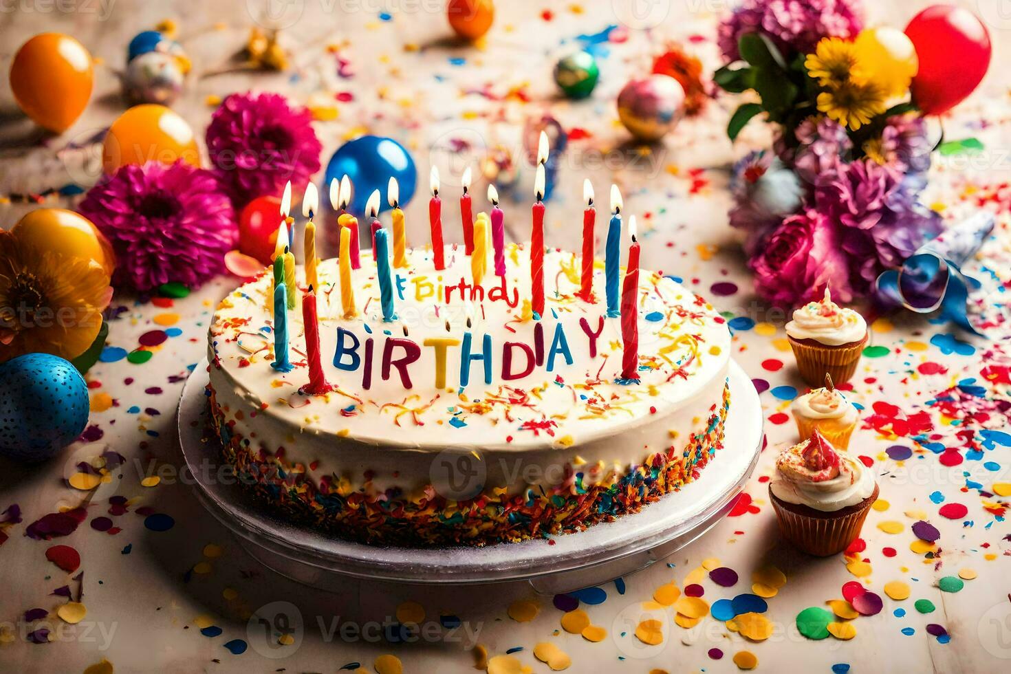 a birthday cake with candles and confetti. AI-Generated photo