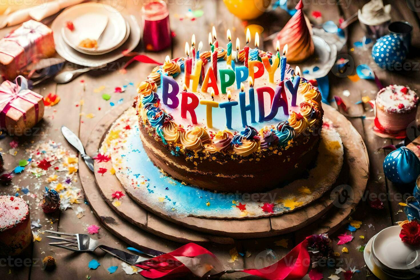 a birthday cake with candles on it is sitting on a wooden table with confetti and presents. AI-Generated photo