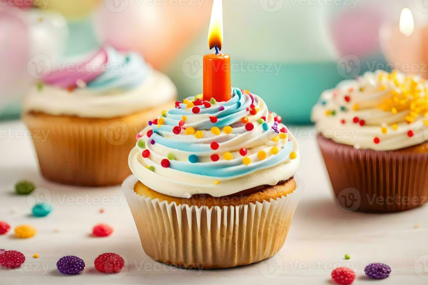 birthday candles and cupcakes on a table. AI-Generated photo