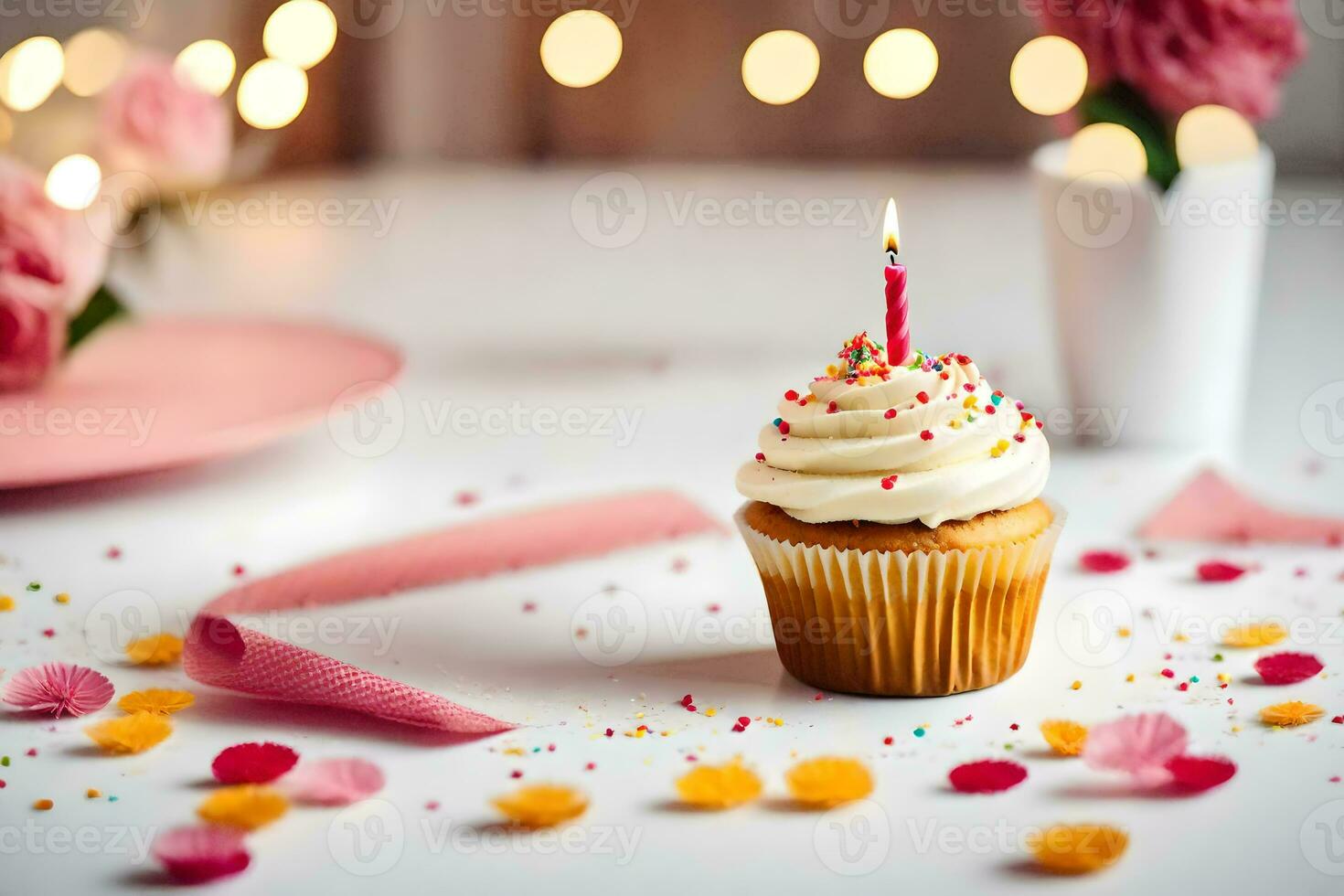 a cupcake with a single candle on it. AI-Generated photo