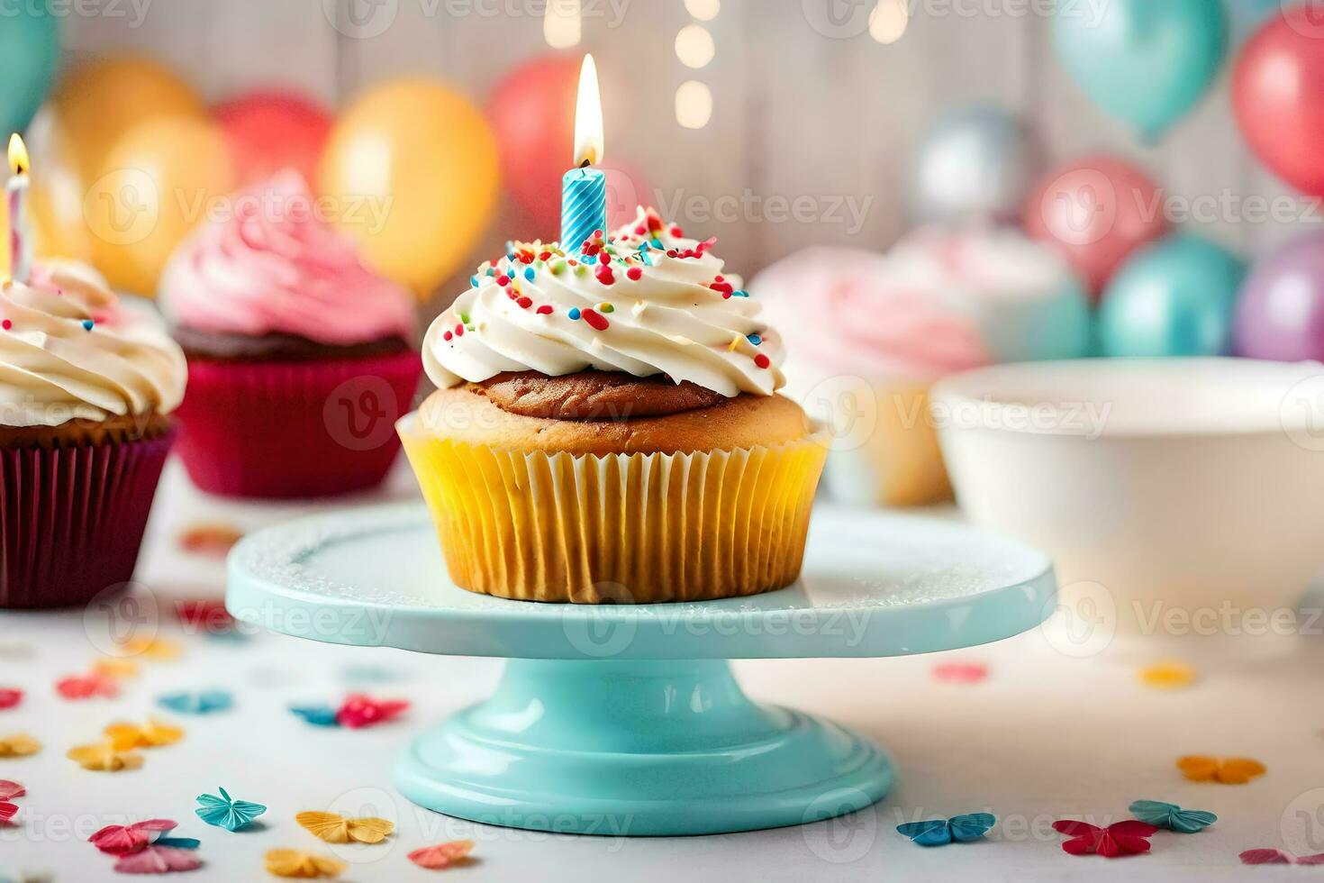 birthday cupcakes with candles. AI-Generated photo