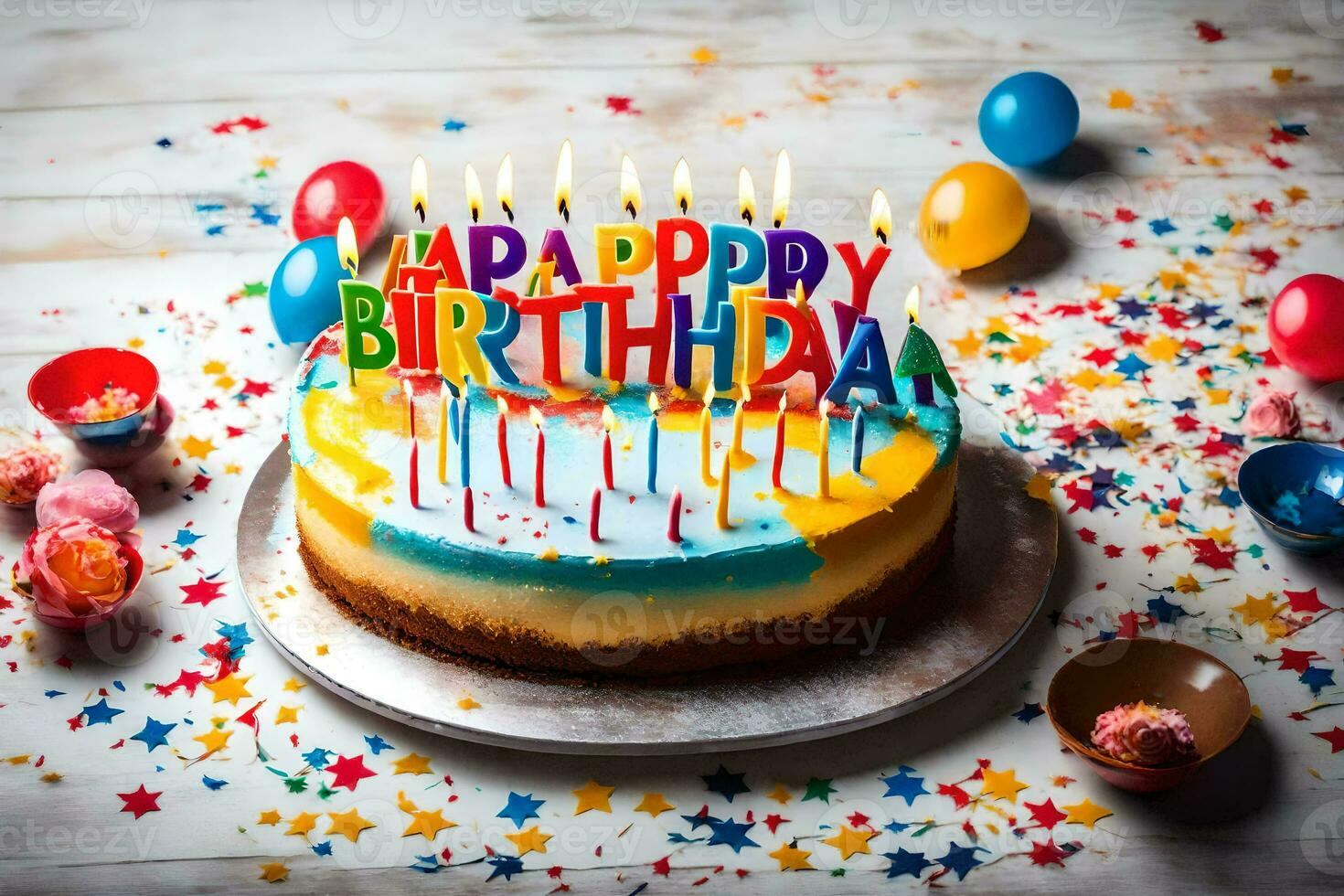 happy birthday cake with candles. AI-Generated photo