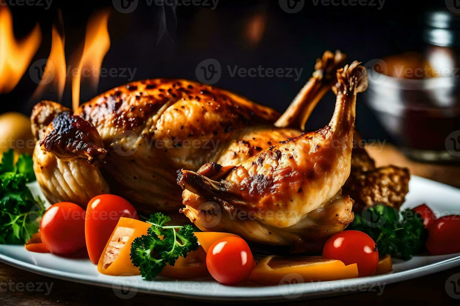 a roasted chicken on a plate with vegetables. AI-Generated photo