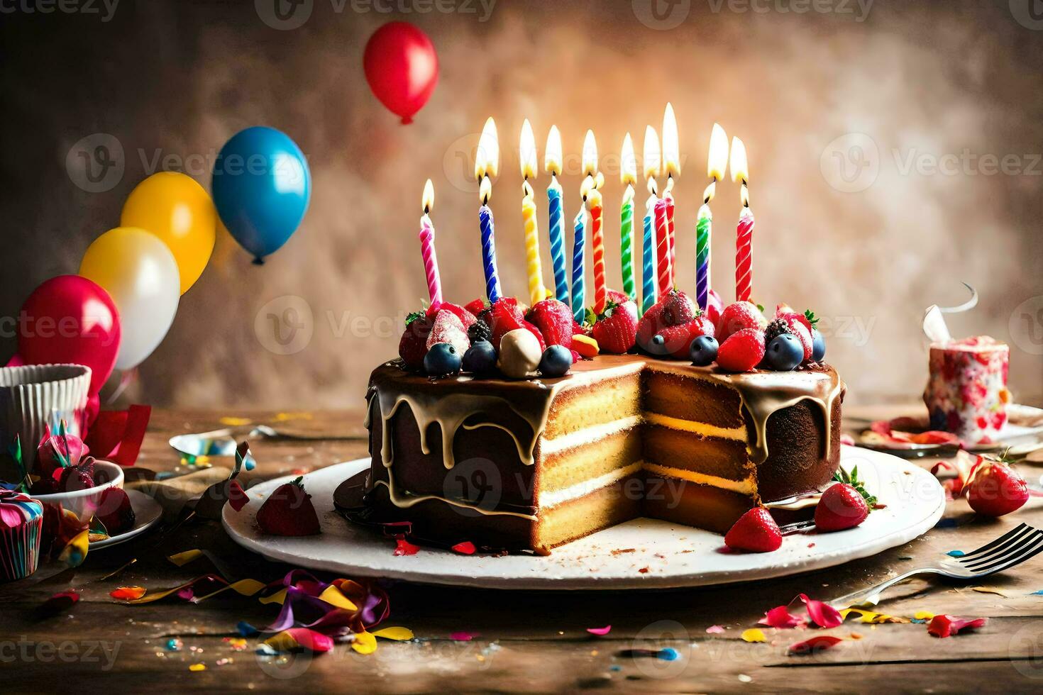 a birthday cake with candles on it. AI-Generated photo