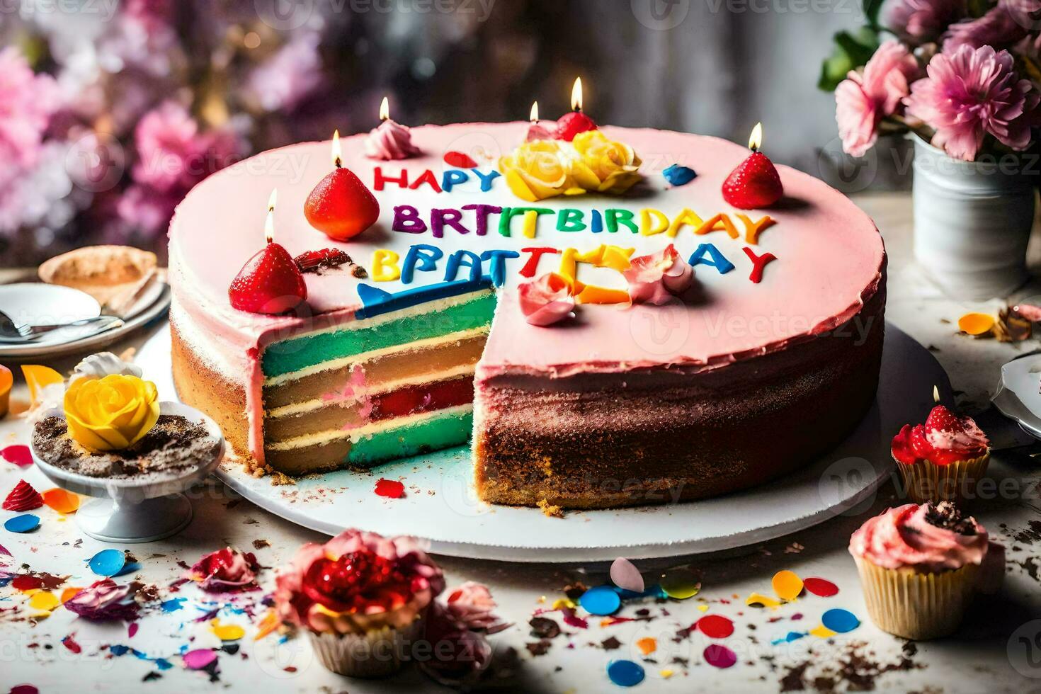 a birthday cake with a slice missing. AI-Generated photo