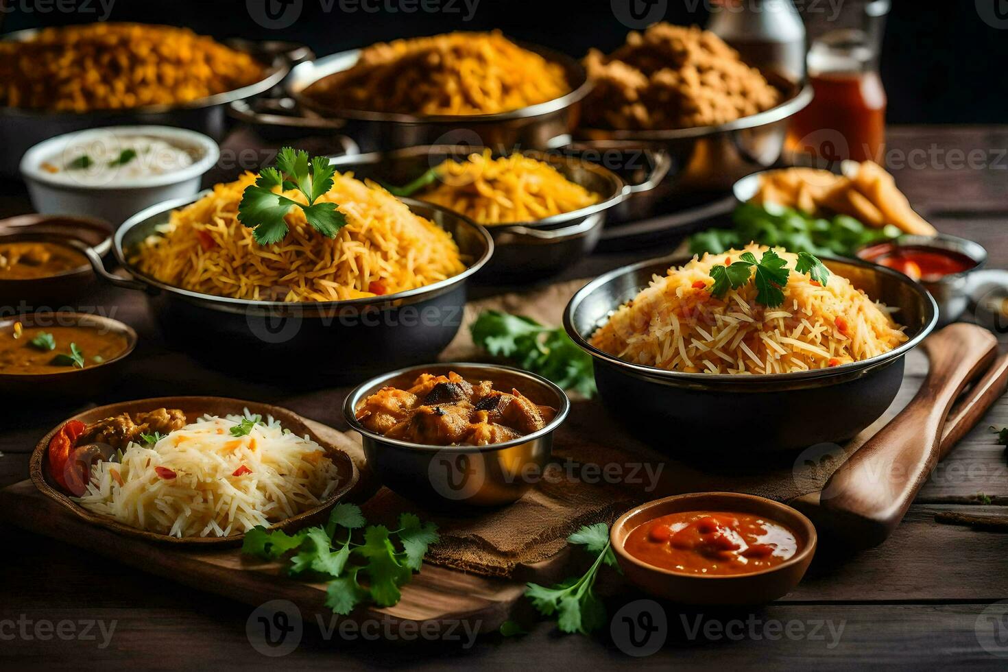 indio comida en un de madera mesa. generado por ai foto