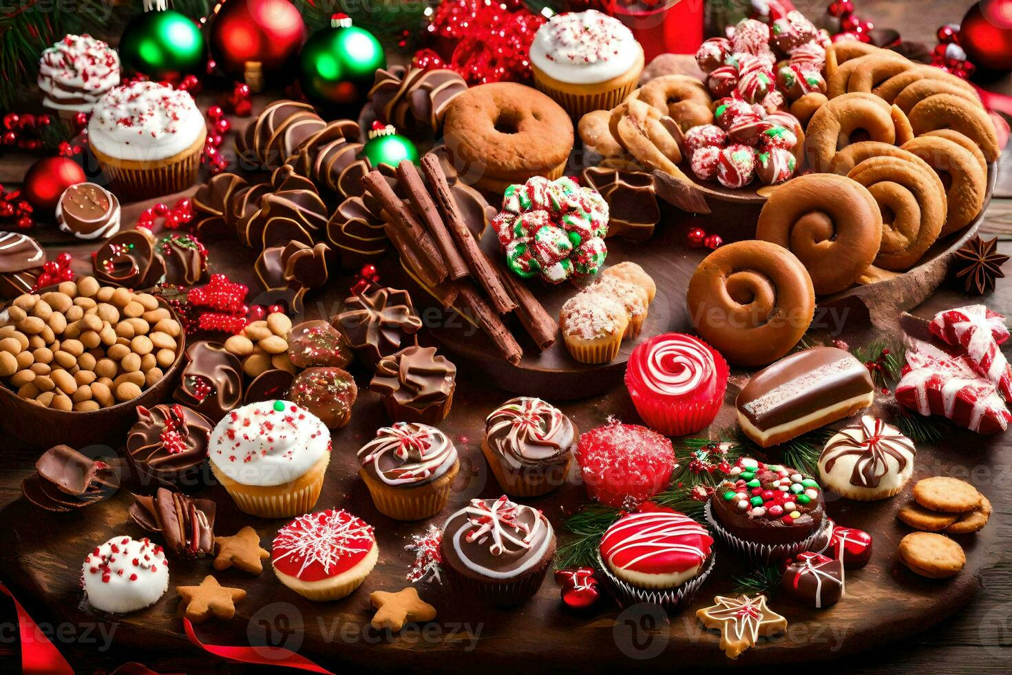christmas sweets and desserts on a wooden table. AI-Generated photo