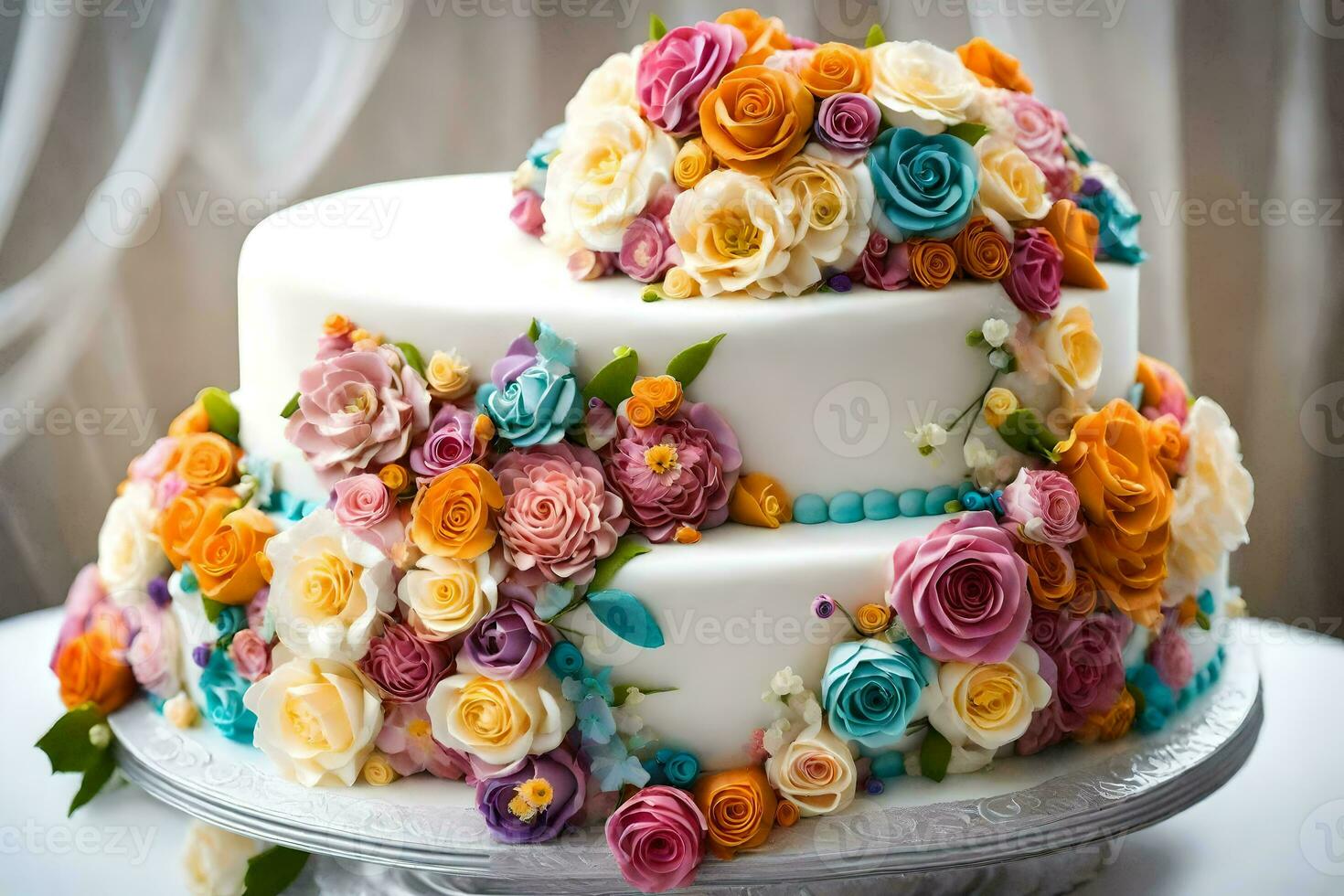 a cake decorated with colorful flowers. AI-Generated photo