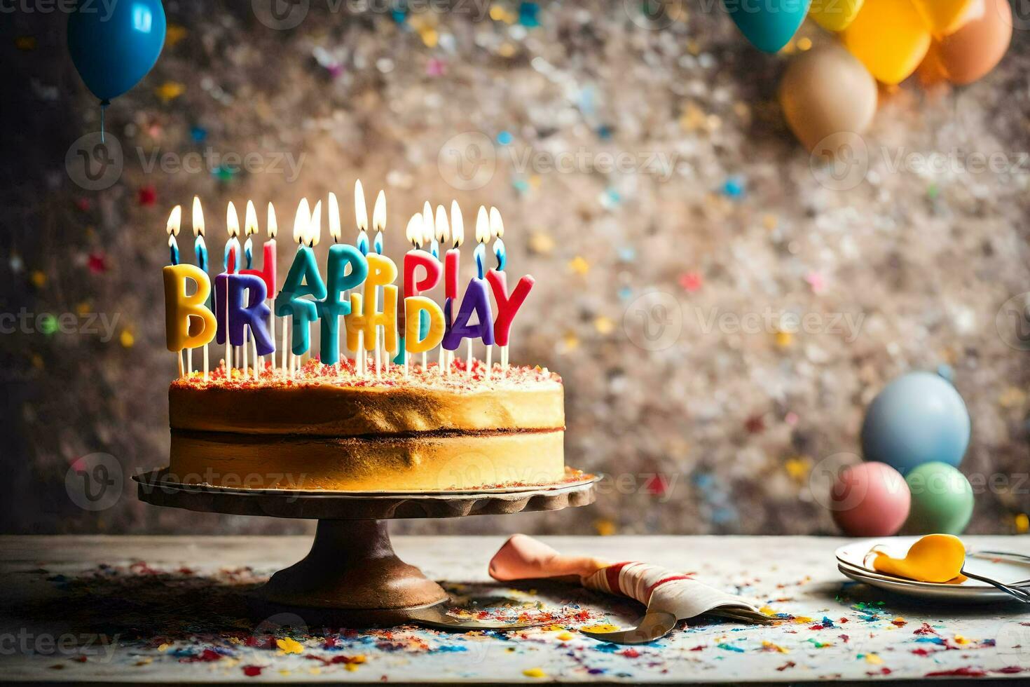 happy birthday cake with lit candles on a wooden table with colorful balloons and confetti. AI-Generated photo