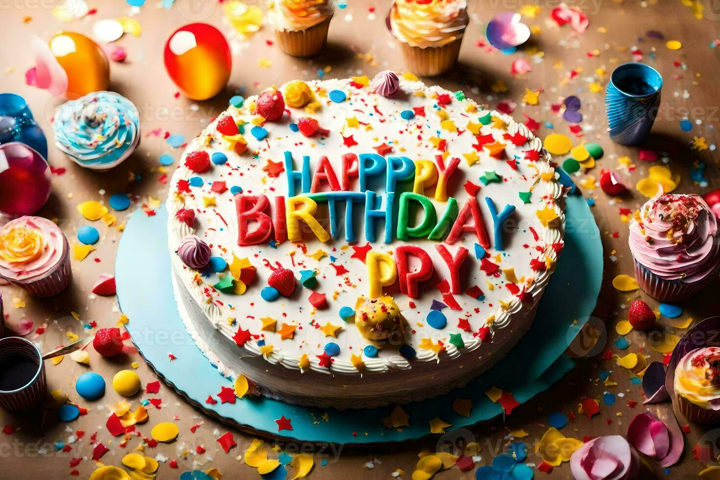 un cumpleaños pastel con el palabra contento cumpleaños escrito en él. generado por ai foto
