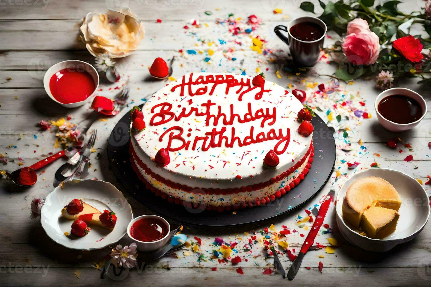 un cumpleaños pastel con rojo Formación de hielo y velas en un mesa. generado por ai foto