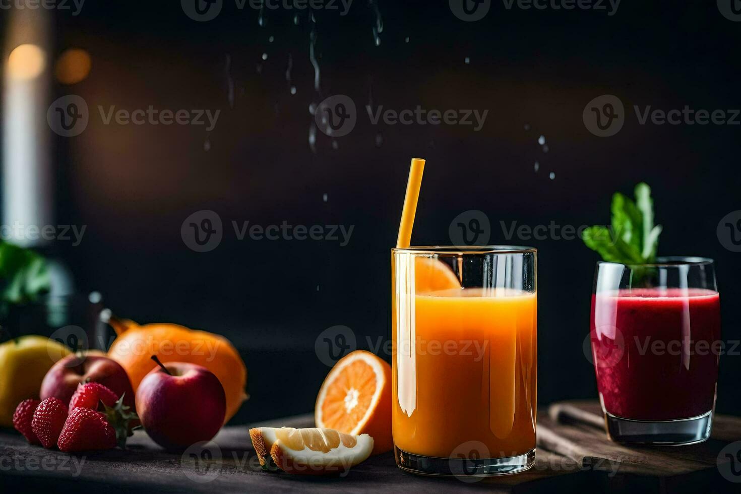 fresh fruit and juice on a wooden table. AI-Generated photo