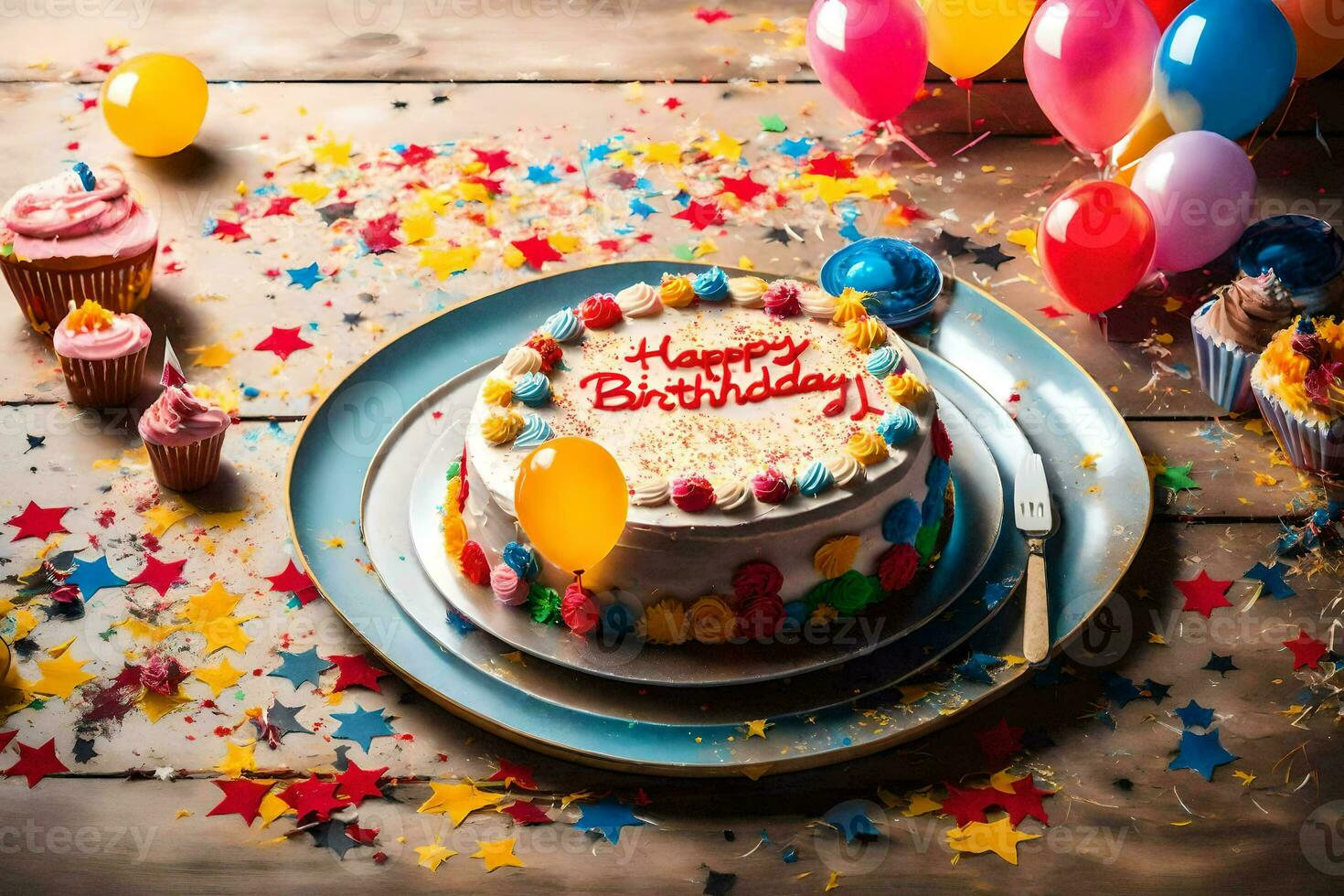 a birthday cake with balloons and confetti on a wooden table. AI-Generated photo