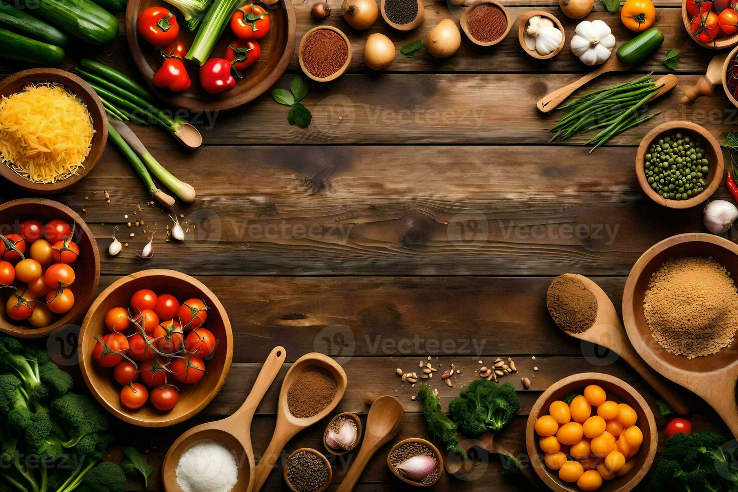 a wooden background with many different types of vegetables. AI-Generated photo