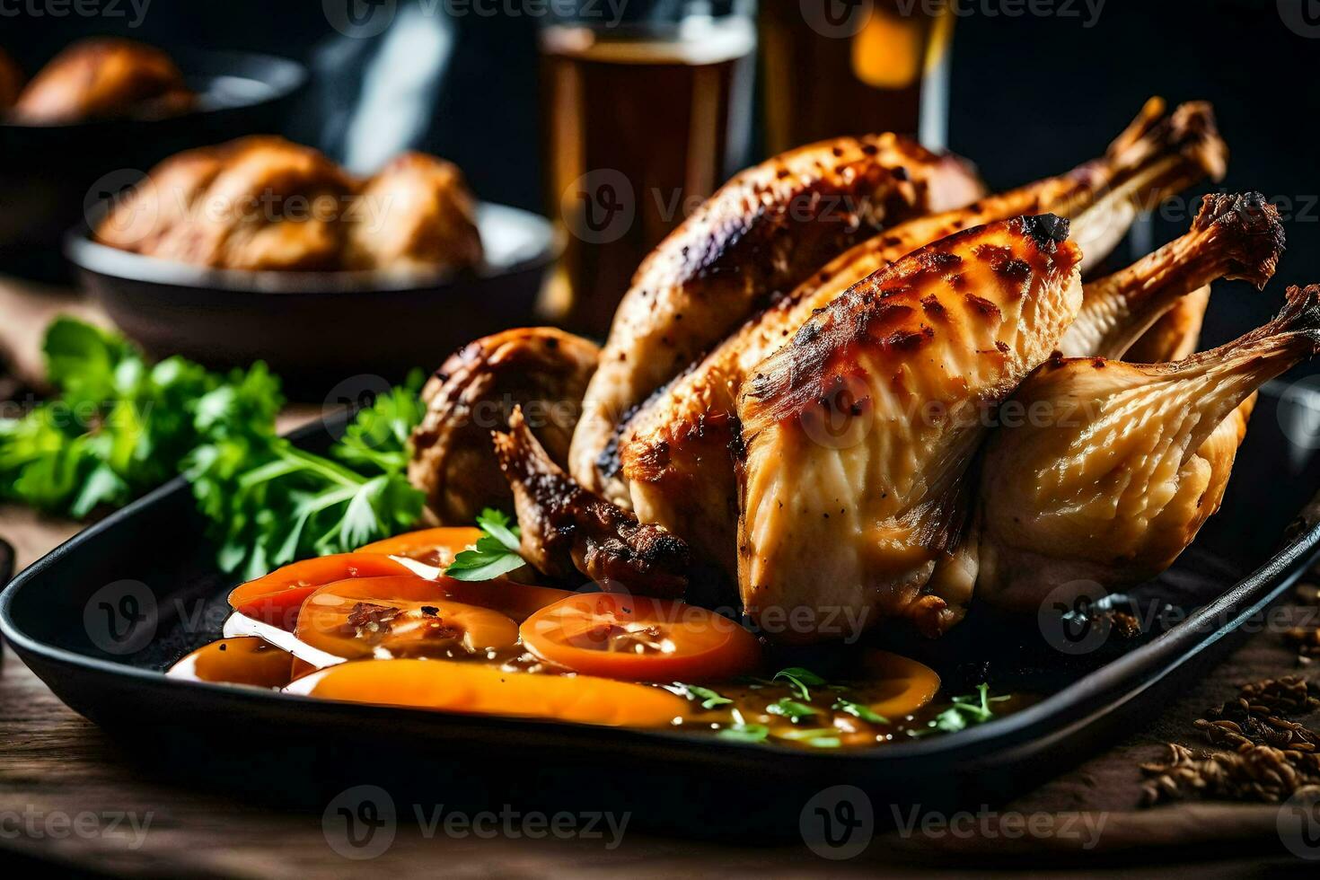 roasted chicken with vegetables on a black plate. AI-Generated photo