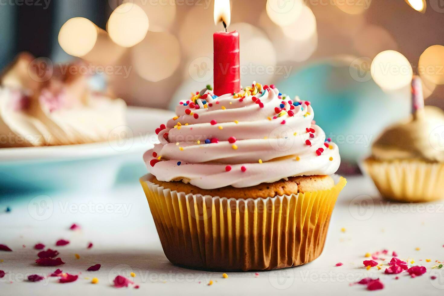 a cupcake with a single candle on top. AI-Generated photo