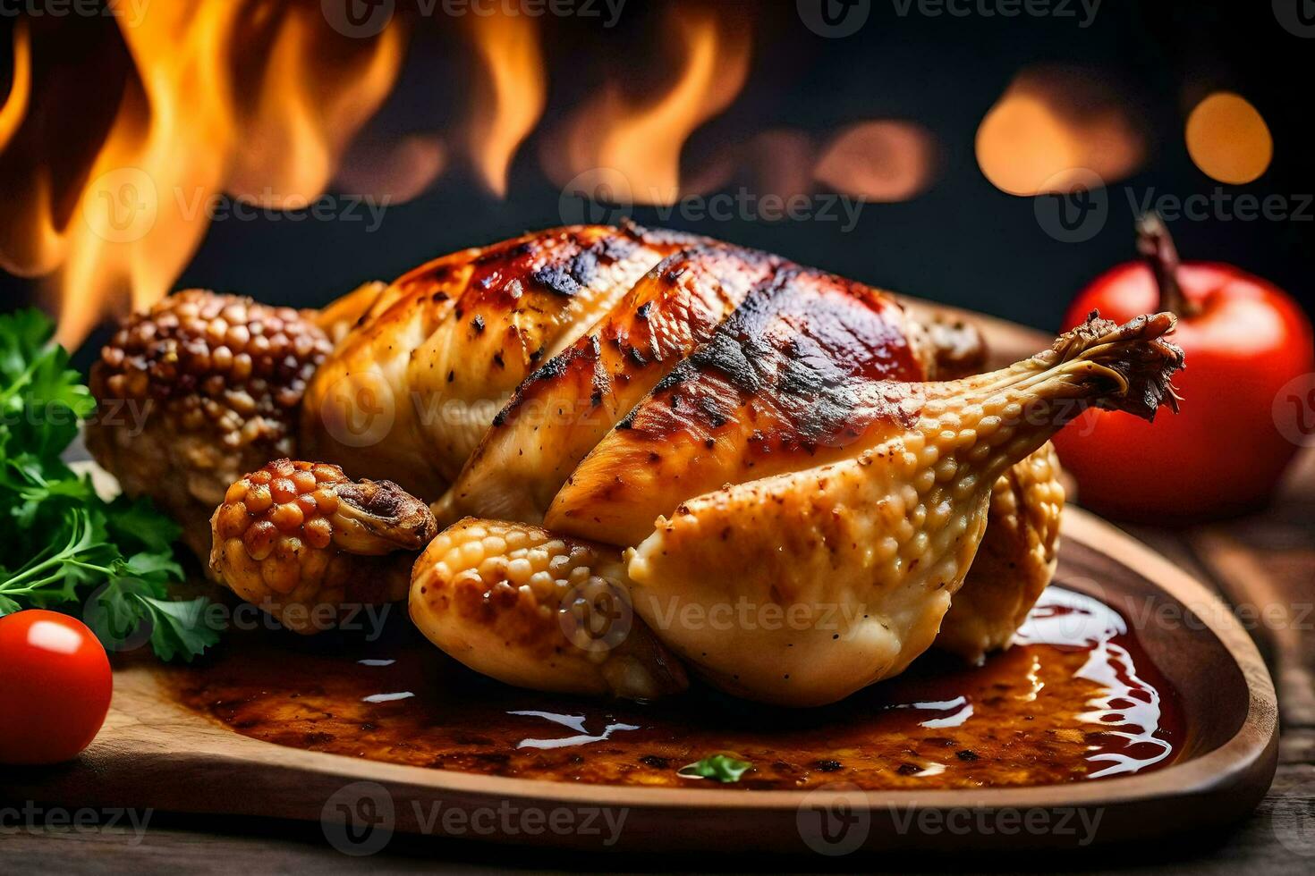 a roasted chicken on a wooden cutting board with tomatoes and parsley. AI-Generated photo