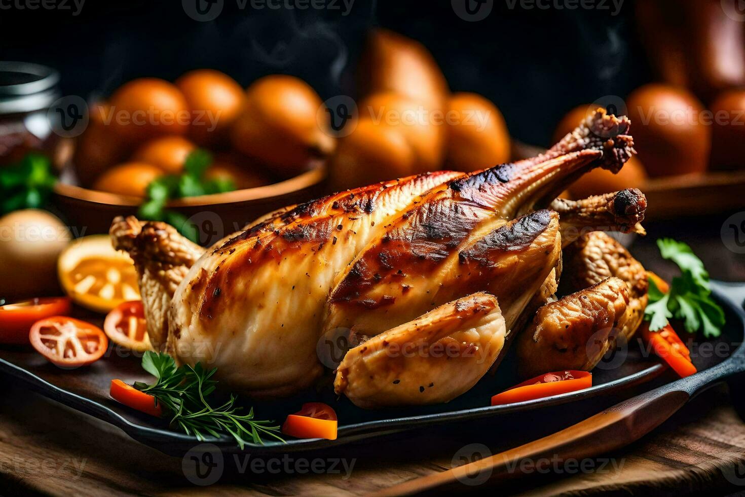 a roasted chicken on a black plate with vegetables. AI-Generated photo