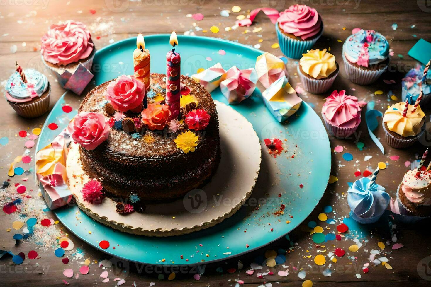 un cumpleaños pastel con velas y magdalenas en un lámina. generado por ai foto