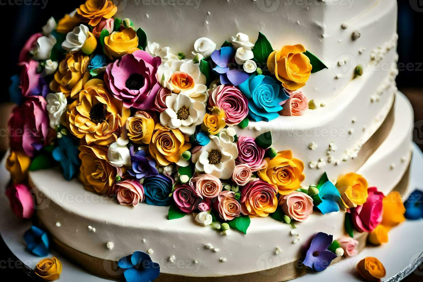 a wedding cake with colorful flowers on top. AI-Generated photo