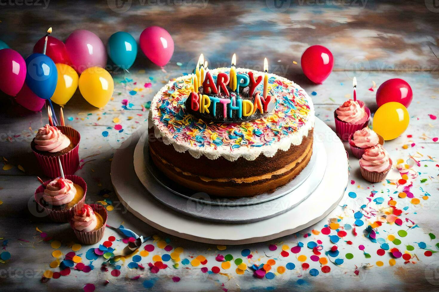 a birthday cake with candles and confetti. AI-Generated photo