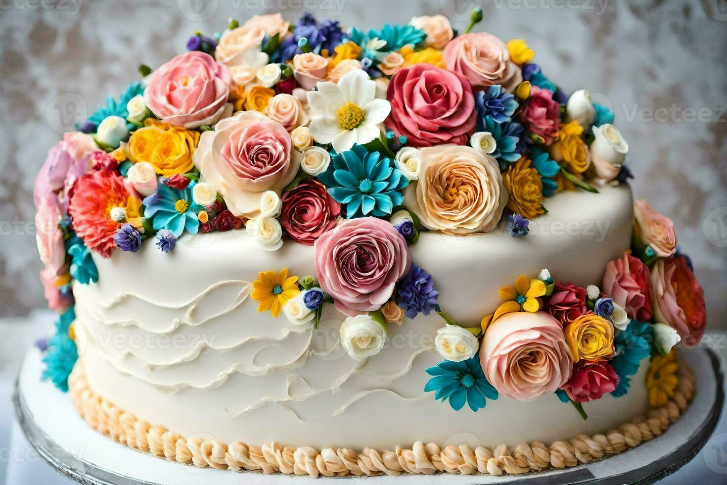 a cake decorated with colorful flowers. AI-Generated photo