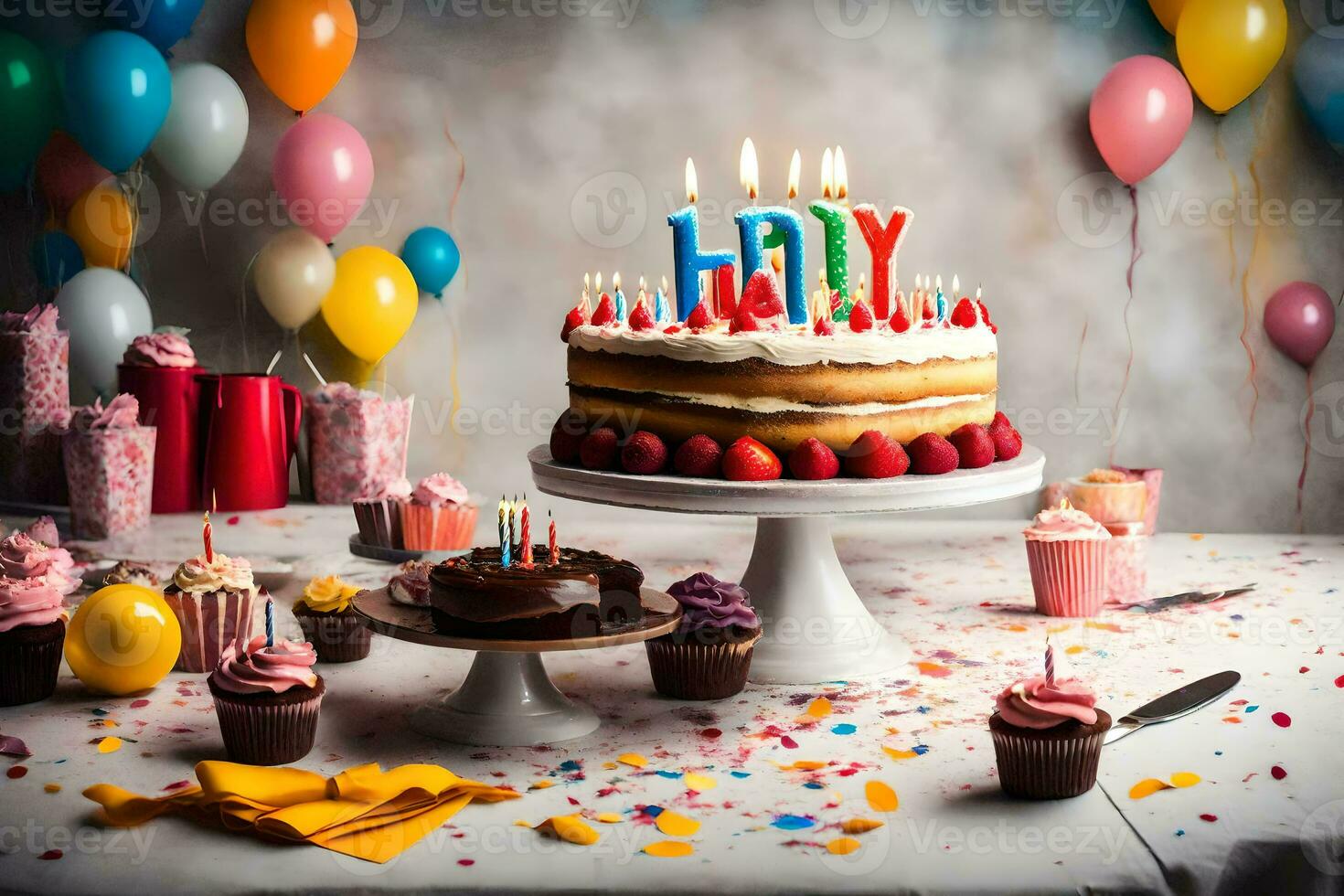 happy birthday cake with candles and confetti. AI-Generated photo