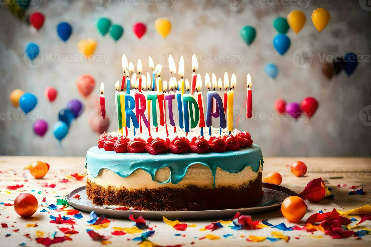 a birthday cake with candles on top. AI-Generated photo