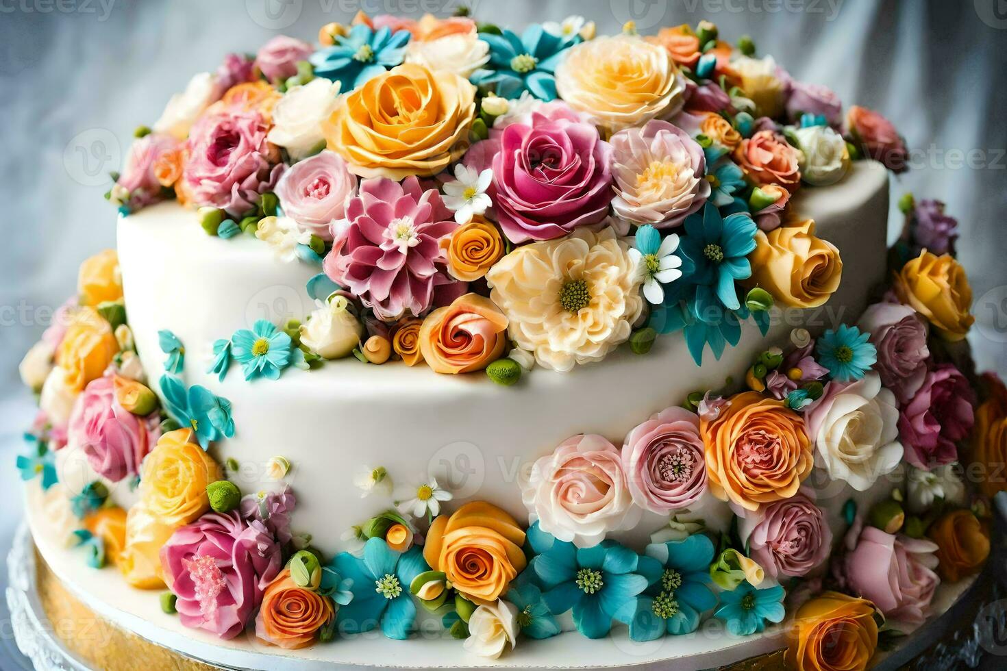 a cake decorated with colorful flowers. AI-Generated photo