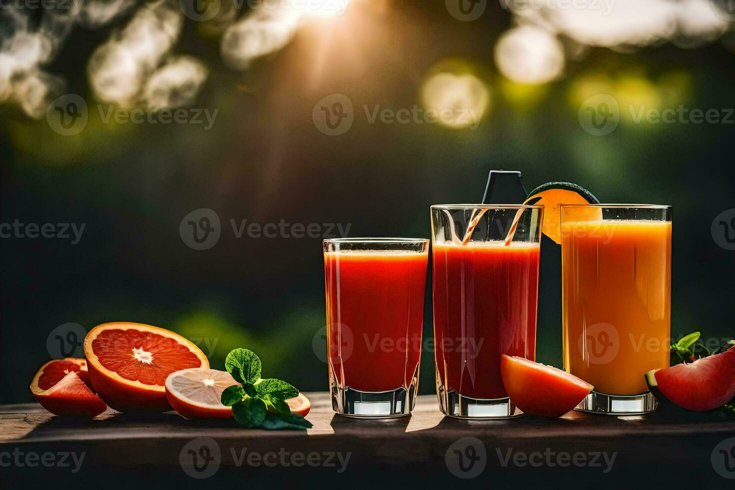 Tres lentes de naranja jugo con rebanadas de fruta. generado por ai foto