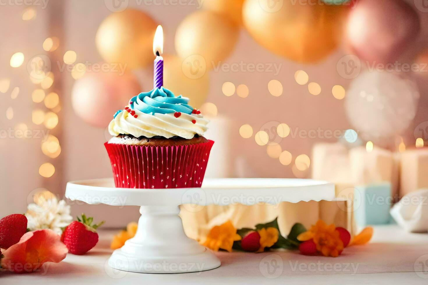 a cupcake with a candle on a cake stand. AI-Generated photo