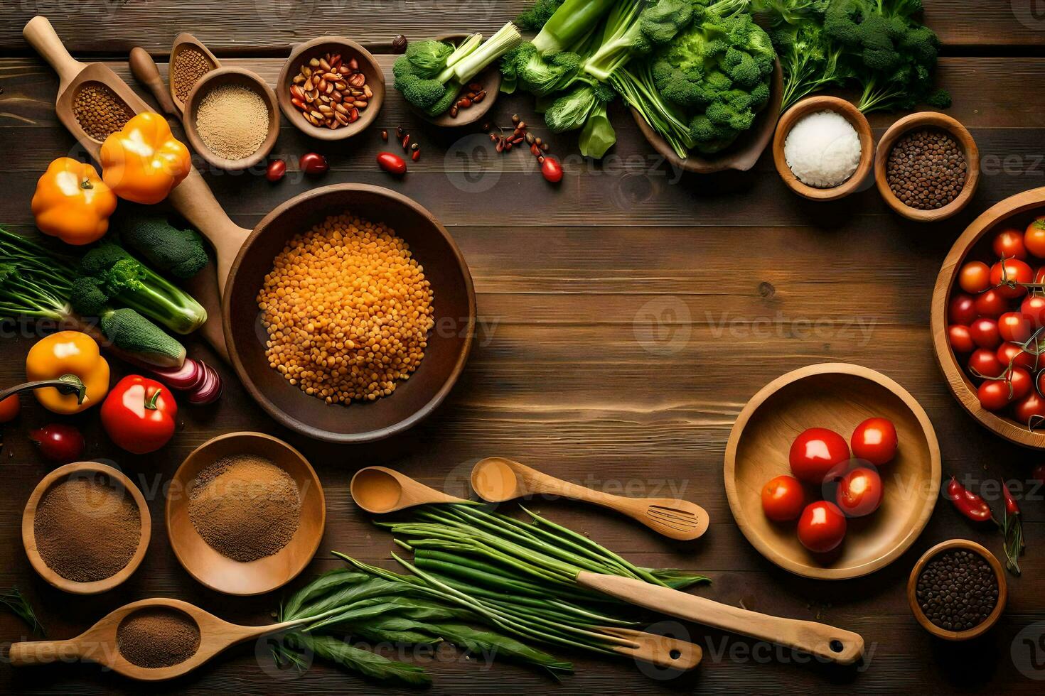 a variety of vegetables and spices in wooden bowls. AI-Generated photo