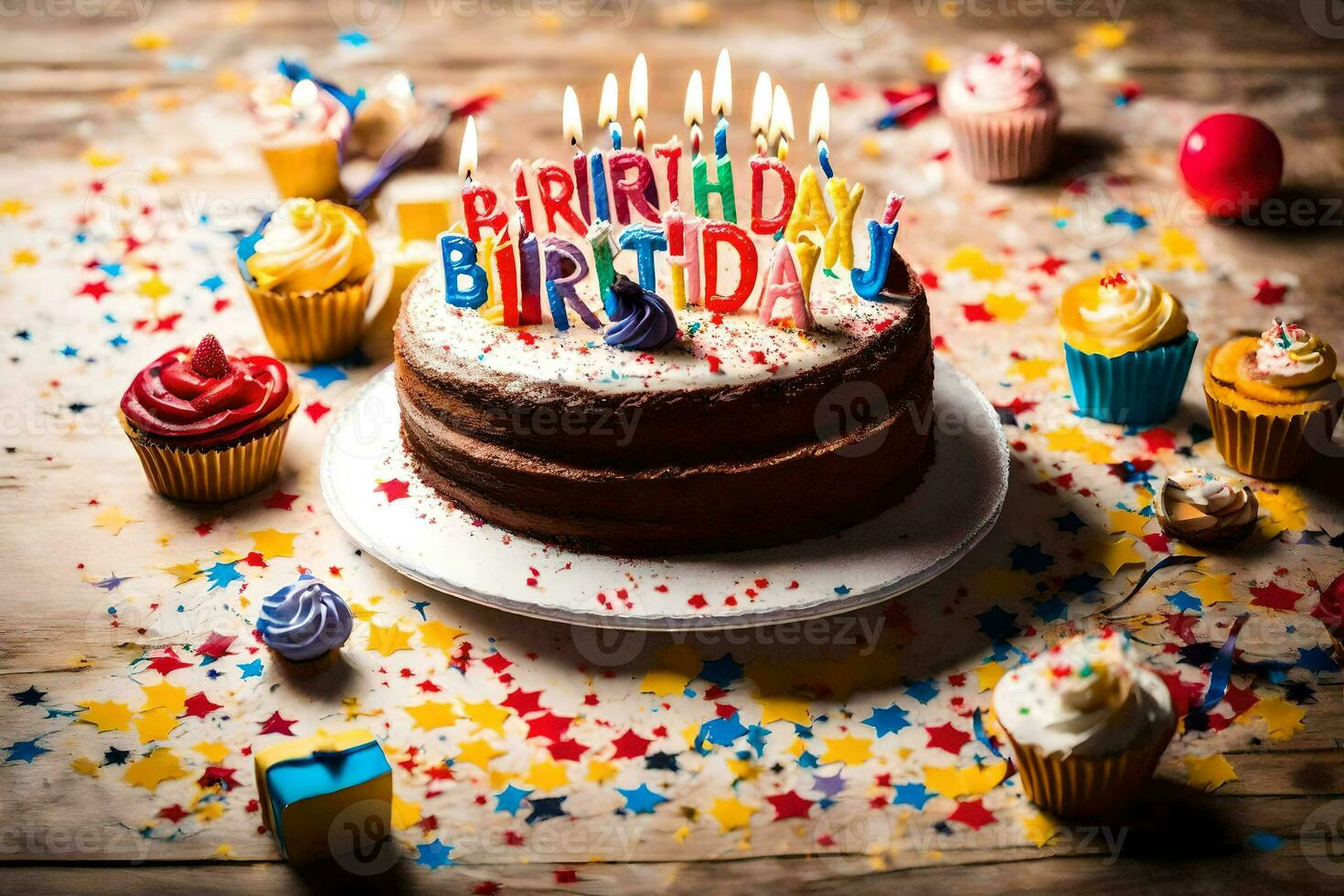 a birthday cake with candles and cupcakes on a wooden table. AI-Generated photo