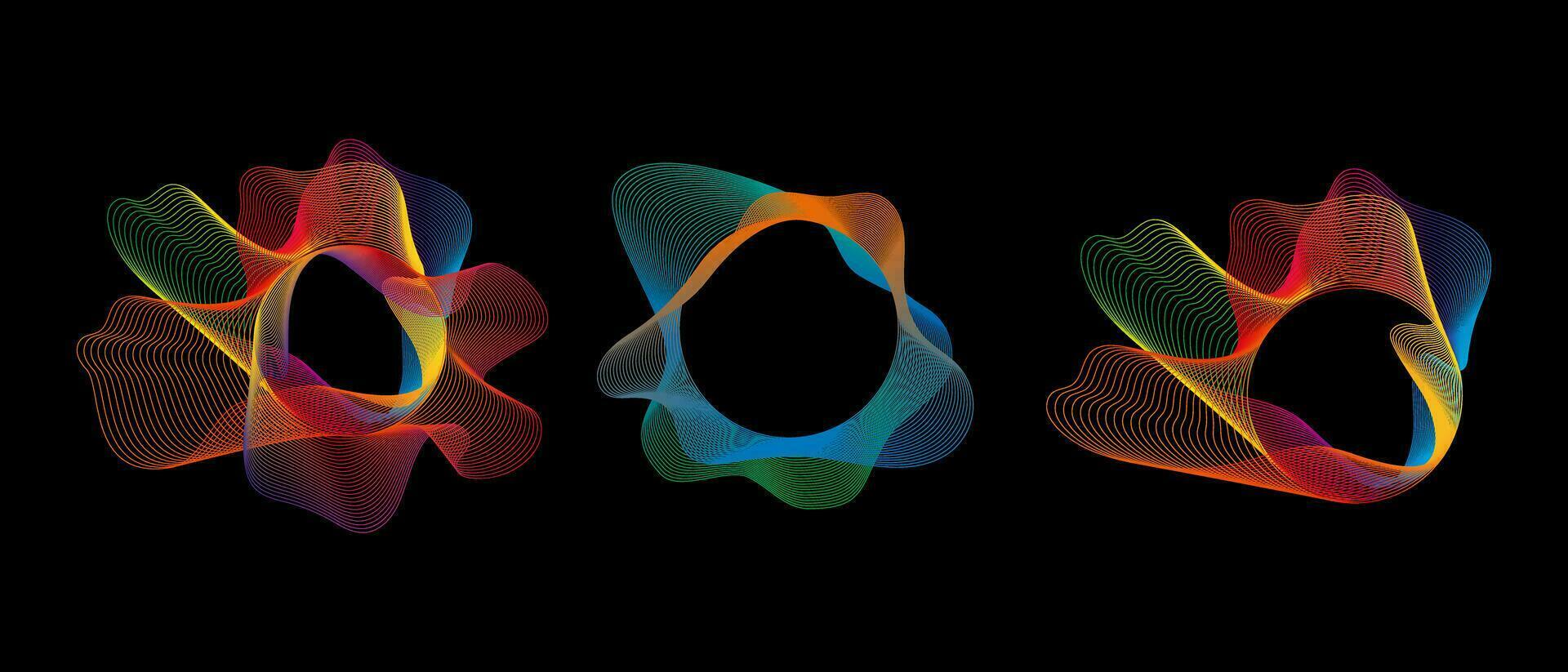 Sound smooth waves of shapes of different shapes, Set Equalizer rainbow color gradient. Vector geometric shapes isolated on black background