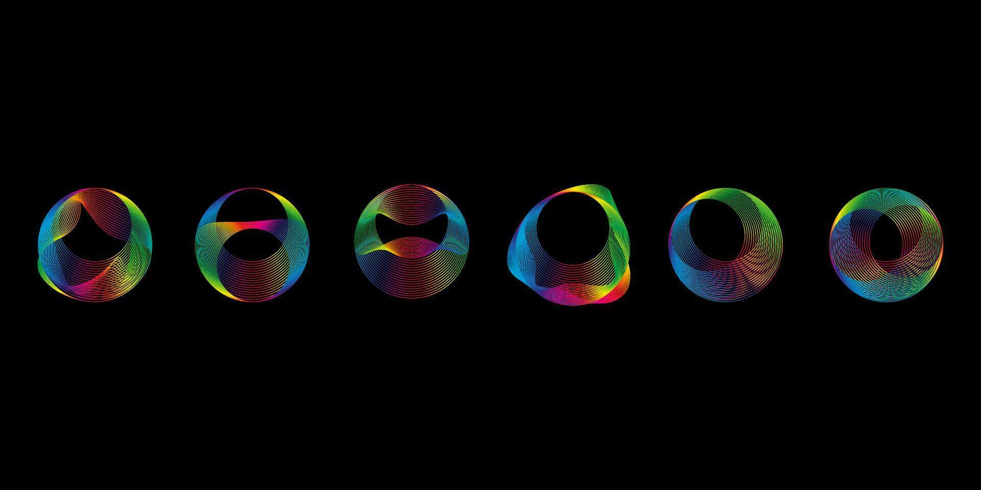 Sound smooth waves of shapes of different shapes, Set Equalizer rainbow color gradient. Vector geometric shapes isolated on black background