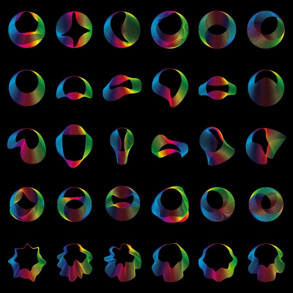 Sound smooth waves of shapes of different shapes, Set Equalizer rainbow color gradient. Vector geometric shapes isolated on black background