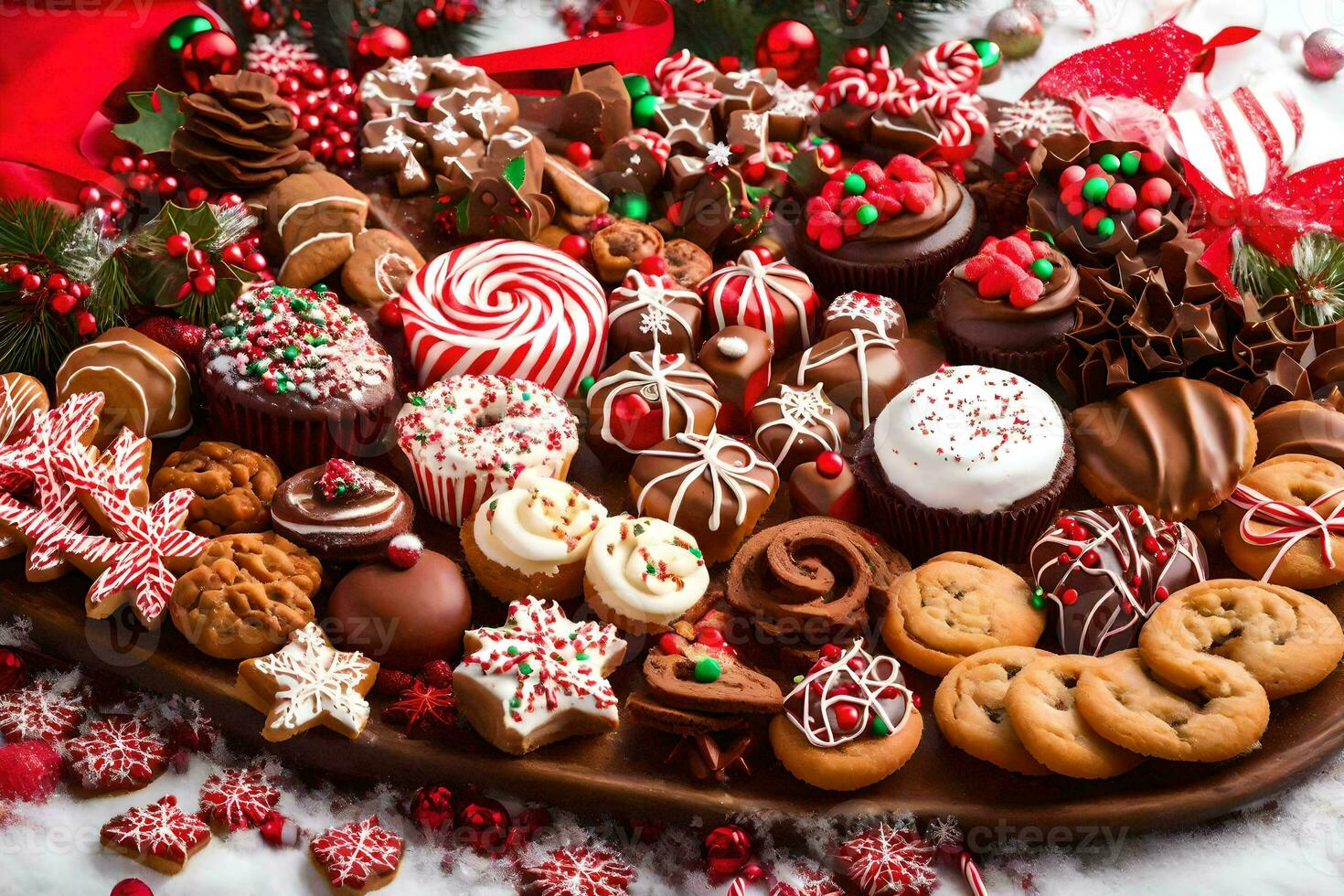 a platter of christmas cookies and candies. AI-Generated photo