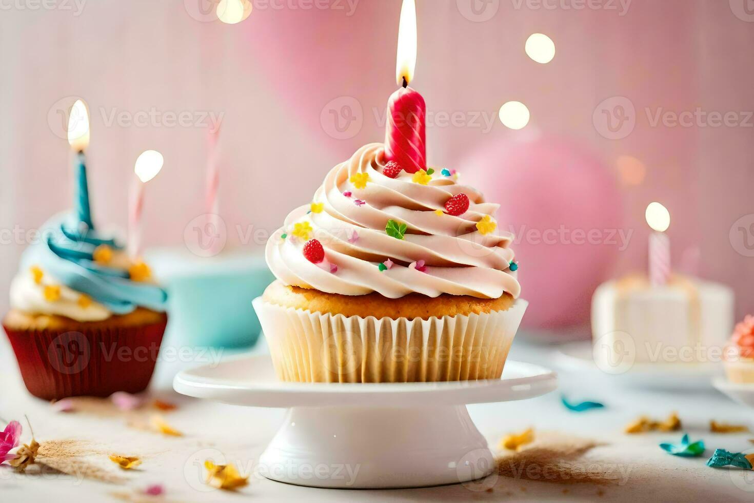 a cupcake with a lit candle on top. AI-Generated photo