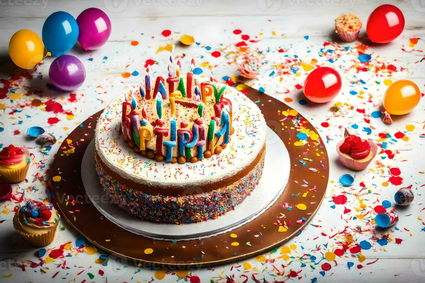 a birthday cake with candles and confetti. AI-Generated photo