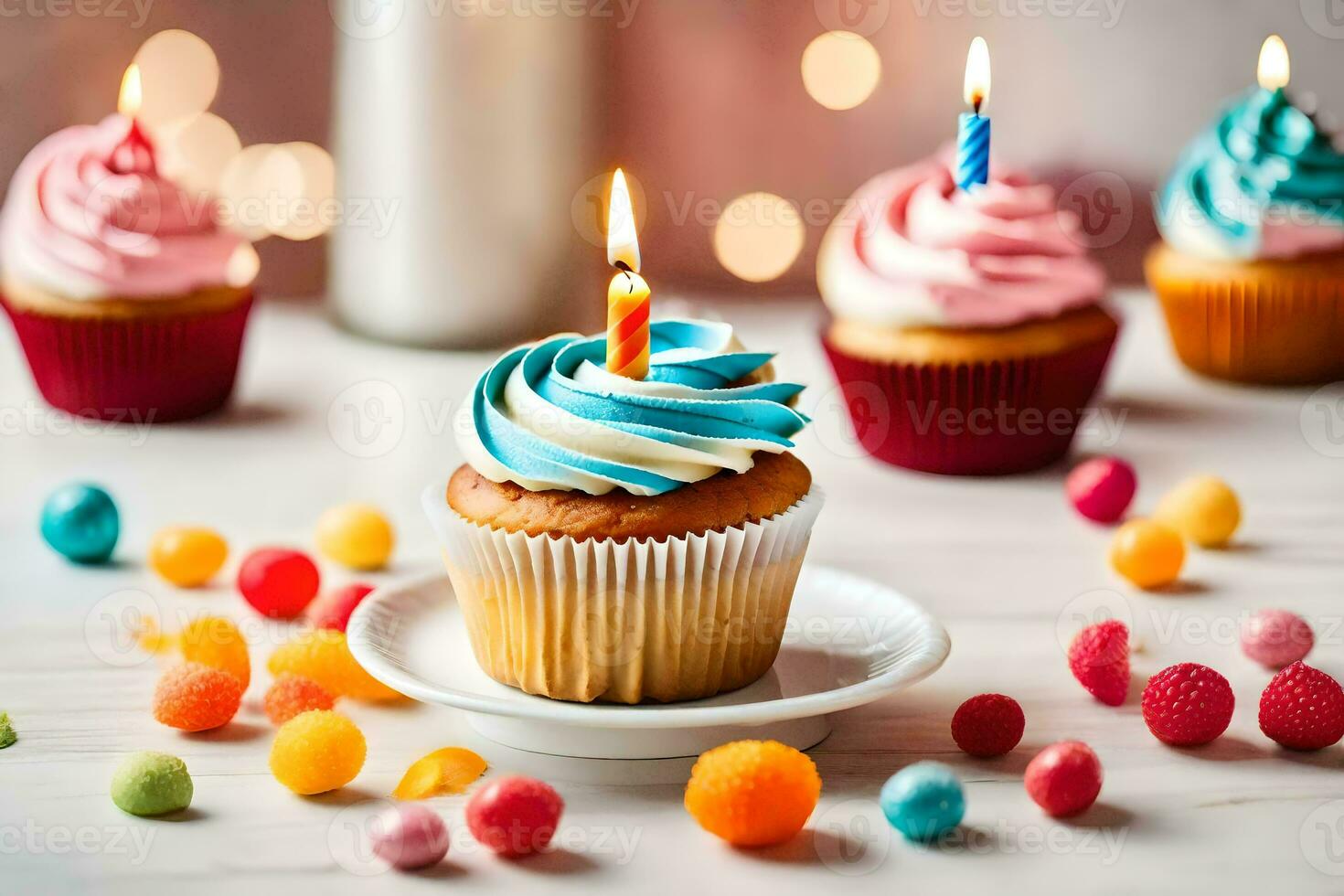 birthday cupcakes with candles on a white table. AI-Generated photo