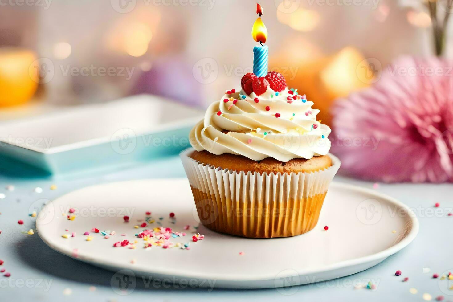 a cupcake with a candle on top. AI-Generated photo