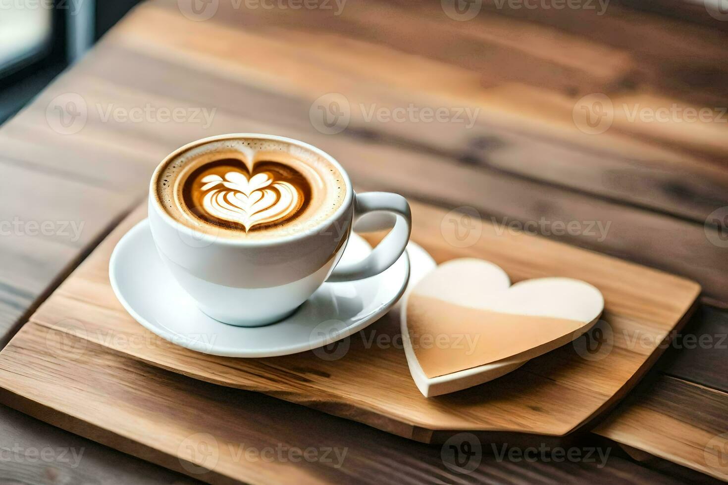 un taza de café con corazón forma en un de madera mesa. generado por ai foto