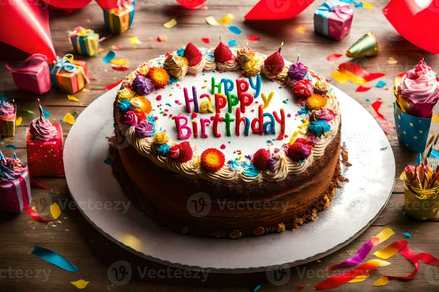 a birthday cake with the word happy birthday written on it. AI-Generated photo