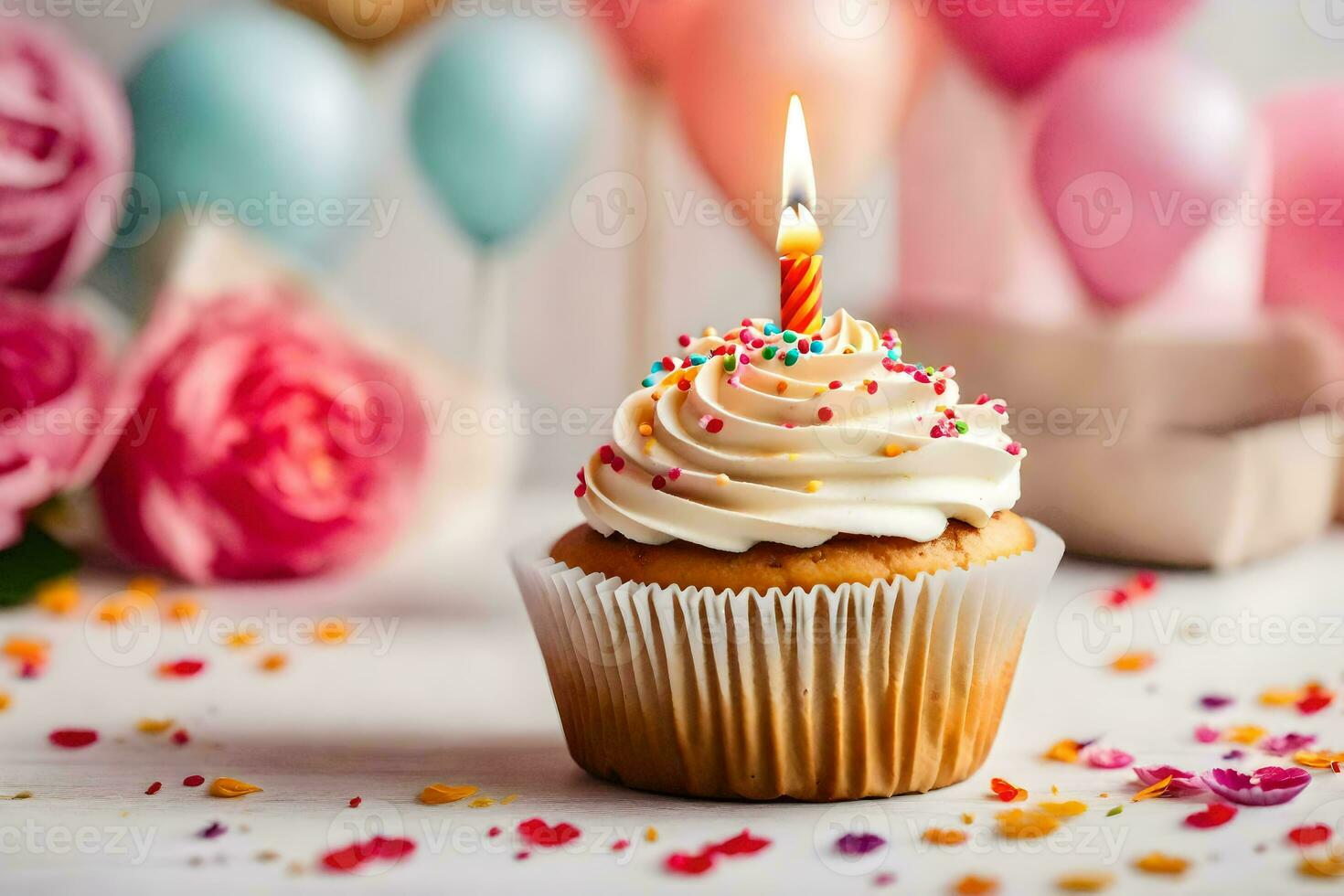 a cupcake with a lit candle on top. AI-Generated photo