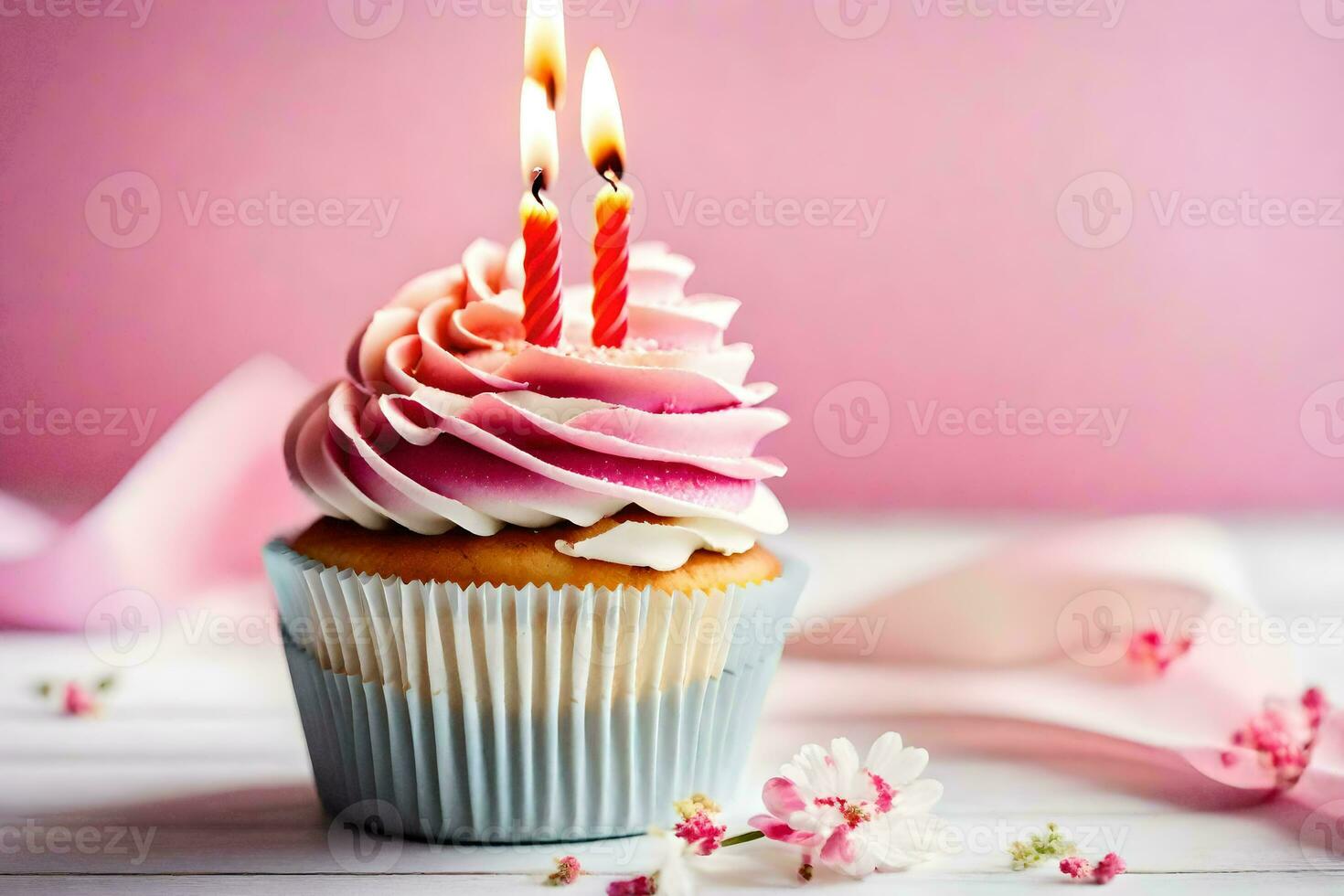 a cupcake with two lit candles on top. AI-Generated photo