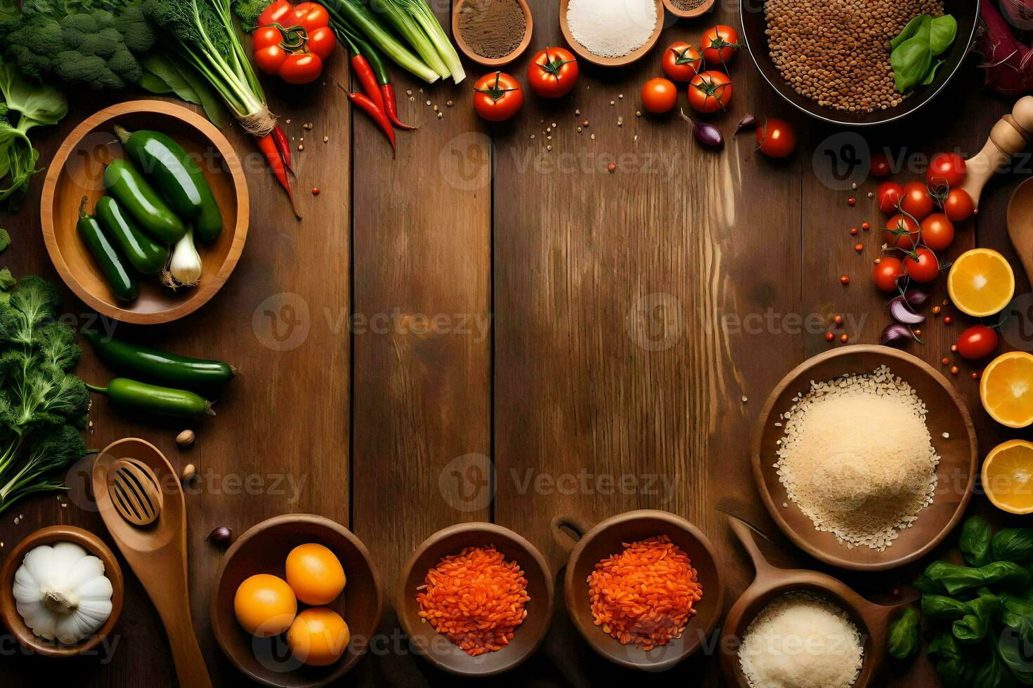 various vegetables and spices are arranged in bowls on a wooden table. AI-Generated photo